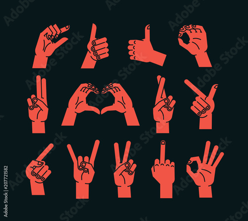 Gesture set. Stulized hands showing different signs. Vector. Icons.