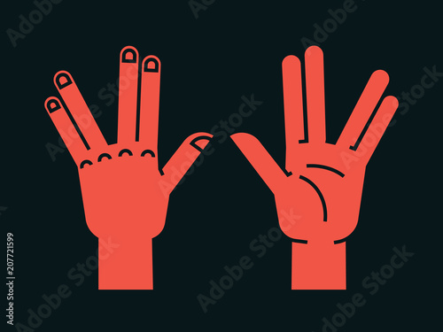 Gesture. Spock sign. Vulcan greet. Stylized hand for geek hand game. Icon. Vector illustration on a dark grey background. Orange silhouette. Element for your design