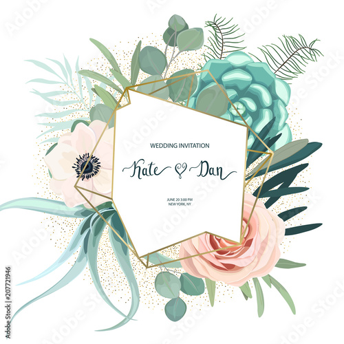 Greenery geometric frame with rose, anemone, succulent , eucalyptus, fern and...