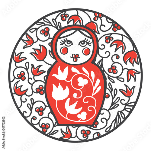 Hand drawn vector illustration of traditional russian doll Matryoshka in a circle frame with national floral ornament. Modern line image with famous souvenir of Russia in black, red and white colors.