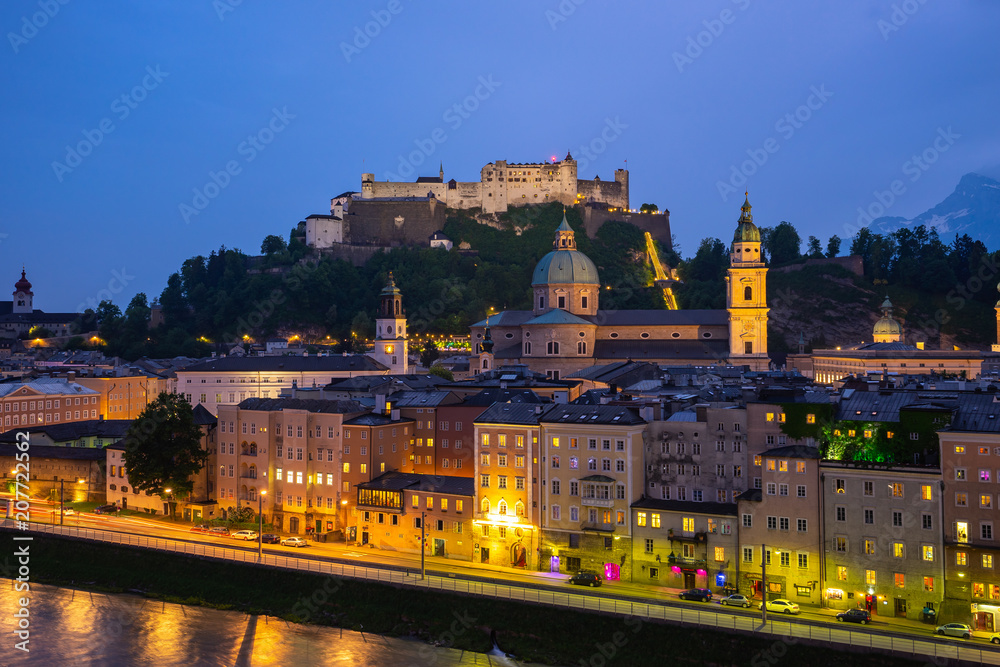 Salzburg city skyline at night in Salzburg, Austria