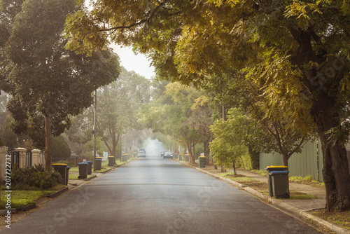 Australian foggy autumn morning in Adelaide suburbs with rubbish recycling on kerb