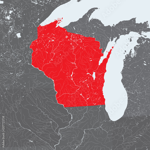 U.S. states - map of Wisconsin. Rivers and lakes are shown. Please look at my other images of cartographic series - they are all very detailed and carefully drawn by hand WITH RIVERS AND LAKES.