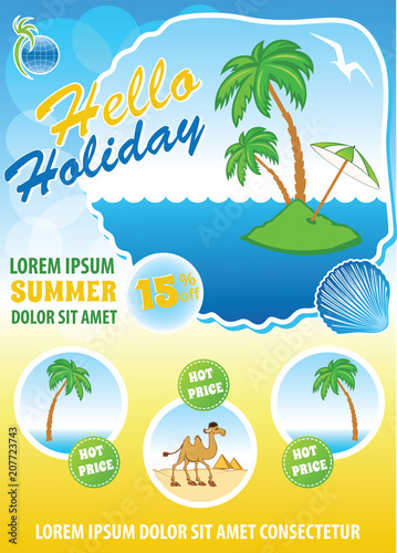 Sea travel template, touristic agency flyer, summer exotic holiday concept, vector advert banner