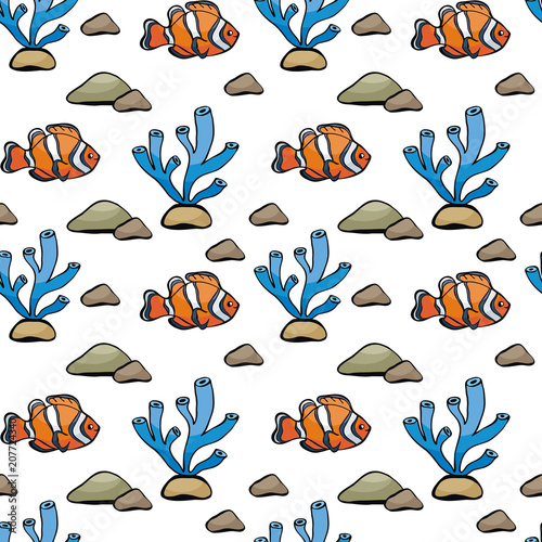 Seamless pattern in doodle style with the image of a cute fish. Colorful vector background.