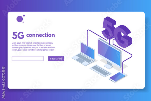 5G connection isometric concept. Telecommunications technology. Vector illustration.