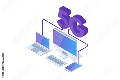 5G connection isometric concept. Telecommunications technology. Vector illustration.