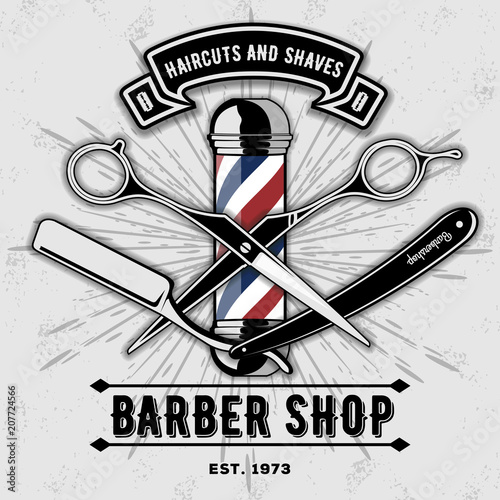 Barber shop vector vintage label, badge, or emblem on gray background. Vector template 