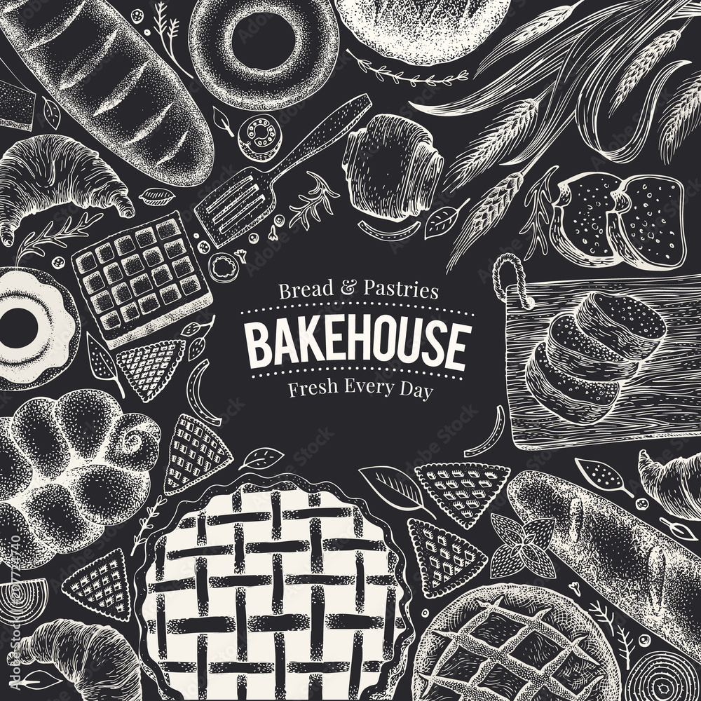 Bakery top view frame on chalk board. Hand drawn vector illustration ...