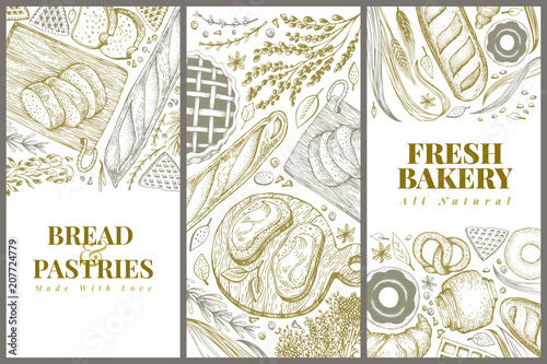 Bakery top view design templates. Hand drawn vector illustration with bread and pastry. Retro illustrations set. Can be use for menu, packaging.