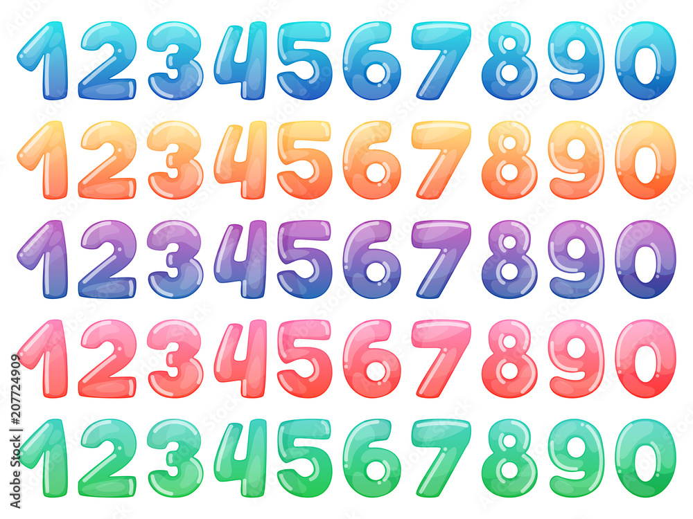 Set of color cartoon numbers. Rainbow candy and glossy funny cartoon symbols. Collection of different holiday symbols Set of color cartoon numbers. Rainbow candy and glossy funny cartoon symbols. Collection of different holiday symbols