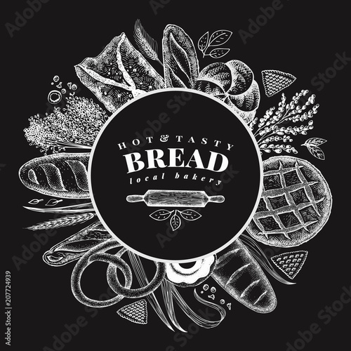 Vector bakery hand drawn illustration on chalk board. Background with bread and pastry. Retro design template. Can be use for menu, packaging.