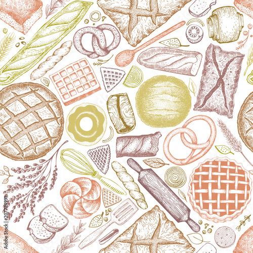 Bakery top view background. Hand drawn vector seamless pattern with bread and pastry. Retro illustration. Can be use for menu, packaging.