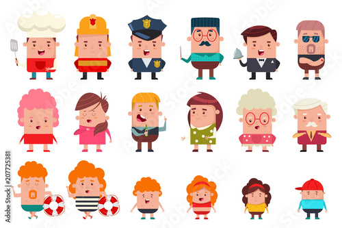People of different occupations and ages: cook, fireman, policeman, teacher, waiter, grandfather, grandmother, kids and parents. Vector flat cartoon set of funny men and women characters.