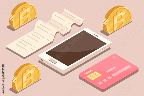 Online payment by bank card and cryptocurrency. Vector isometric flat concept illustration of electronic bill with mobile smartphone, gold coins and invoice.