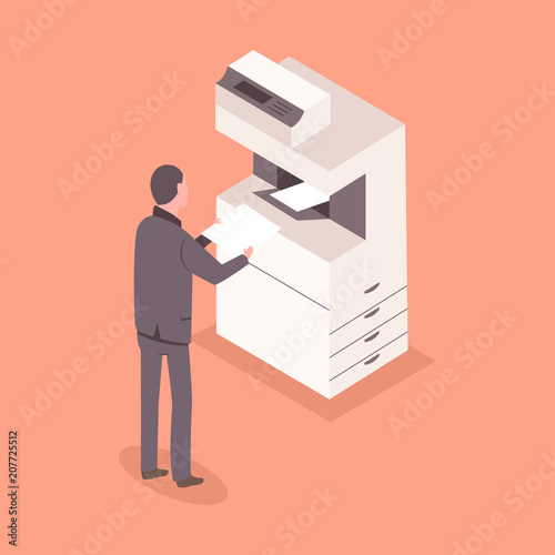 Man in suit with a paper near an office printer. Vector 3D flat isometric business staff illustration.