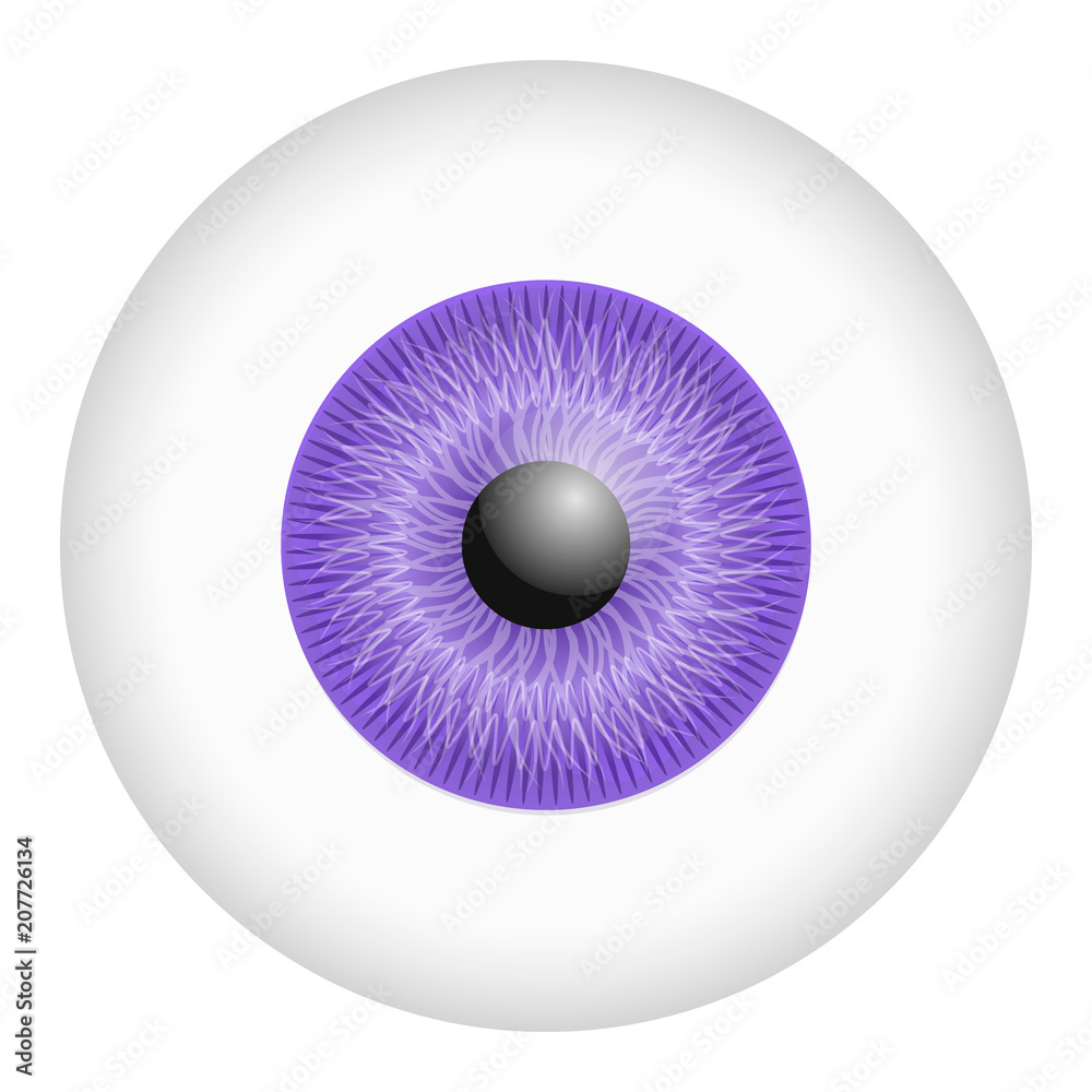 Purple iris eyeball mockup. Realistic illustration of purple iris eyeball vector mockup for web design isolated on white background Purple iris eyeball mockup. Realistic illustration of purple iris eyeball vector mockup for web design isolated on white background