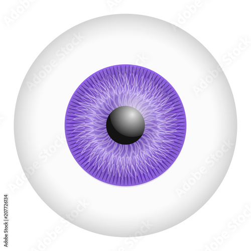 Purple iris eyeball mockup. Realistic illustration of purple iris eyeball vector mockup for web design isolated on white background