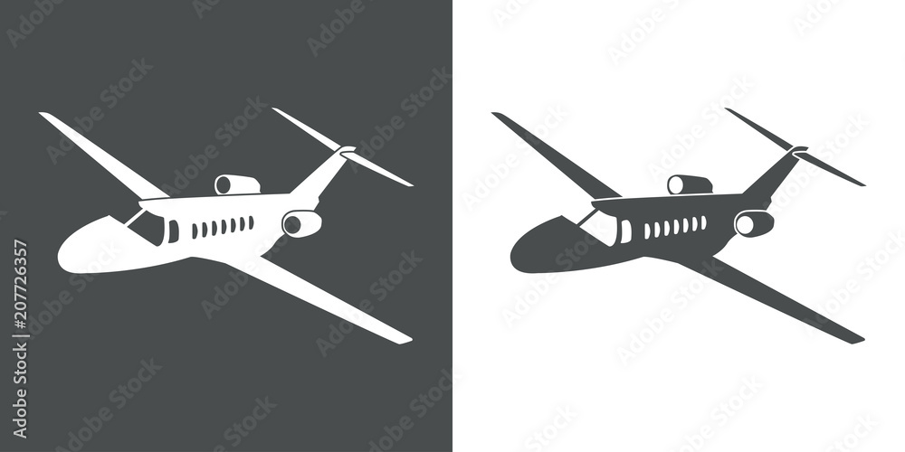 Icono plano avión de negocios espacio negativo en gris y blanco