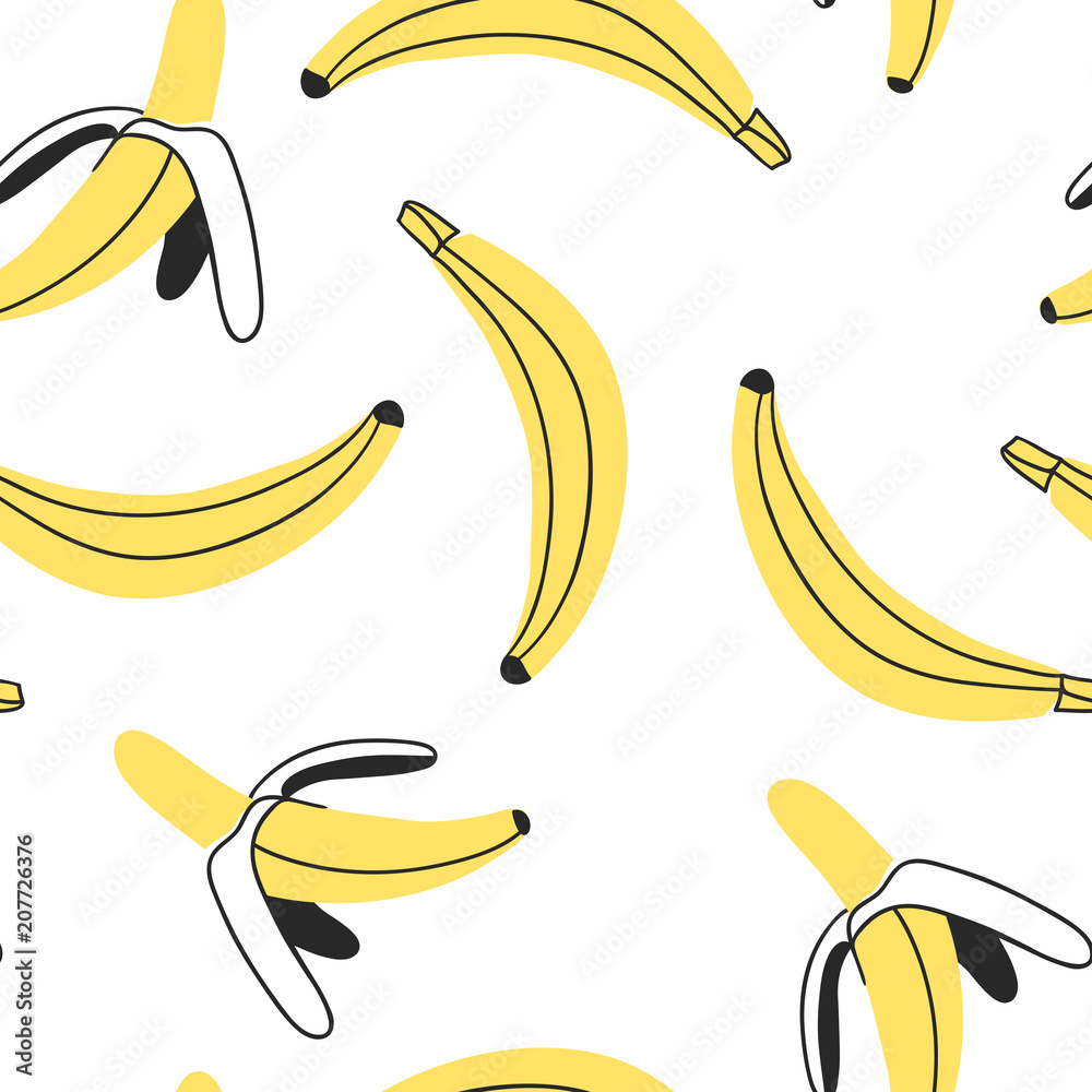 Hand drawn seamles pattern with tropical fruit. Vector artistic drawing food. Summer illustration banana