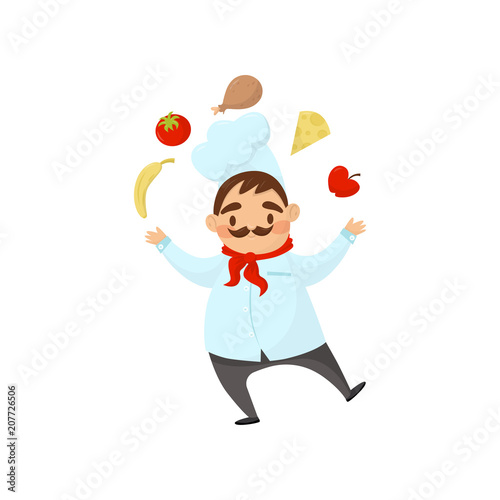 Funny chef with mustache juggles with food. Man in uniform with hat and red scarf. Flat vector element for promo poster or banner