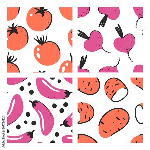 Set of hand drawn seamless pattern with vegetables. Vector artistic tomato, beet, eggplant, potato. Summer illustration vegeterian food