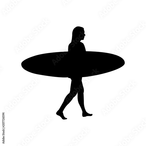 Icono plano silueta mujer con tabla de surf en color negro