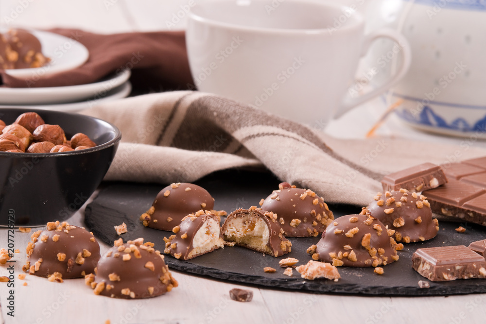 Chocolate truffles with caramel cream filling. Chocolate truffles with caramel cream filling.