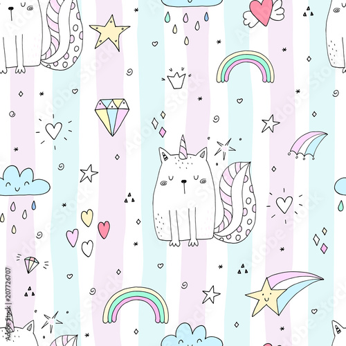Seamless pattern with hand drawn cute cats unicorn. Cartoon cat vector illustration