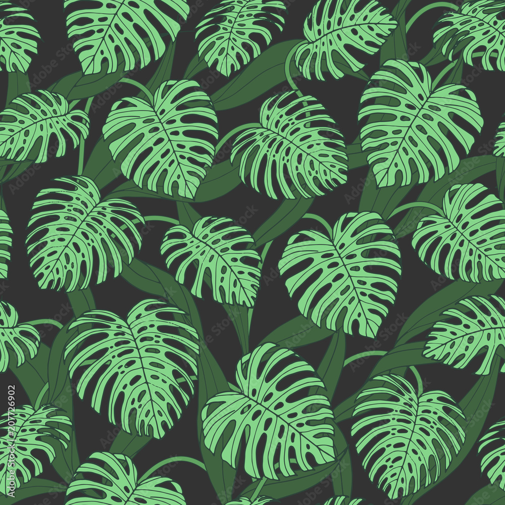 Vector tropical seamless pattern with monstera leaves on the dark background. Jungle print design in green colors.