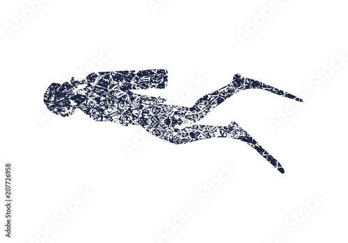 Silhouette of diver. Icon diver. The concept of sport diving. Grunge cracked texture