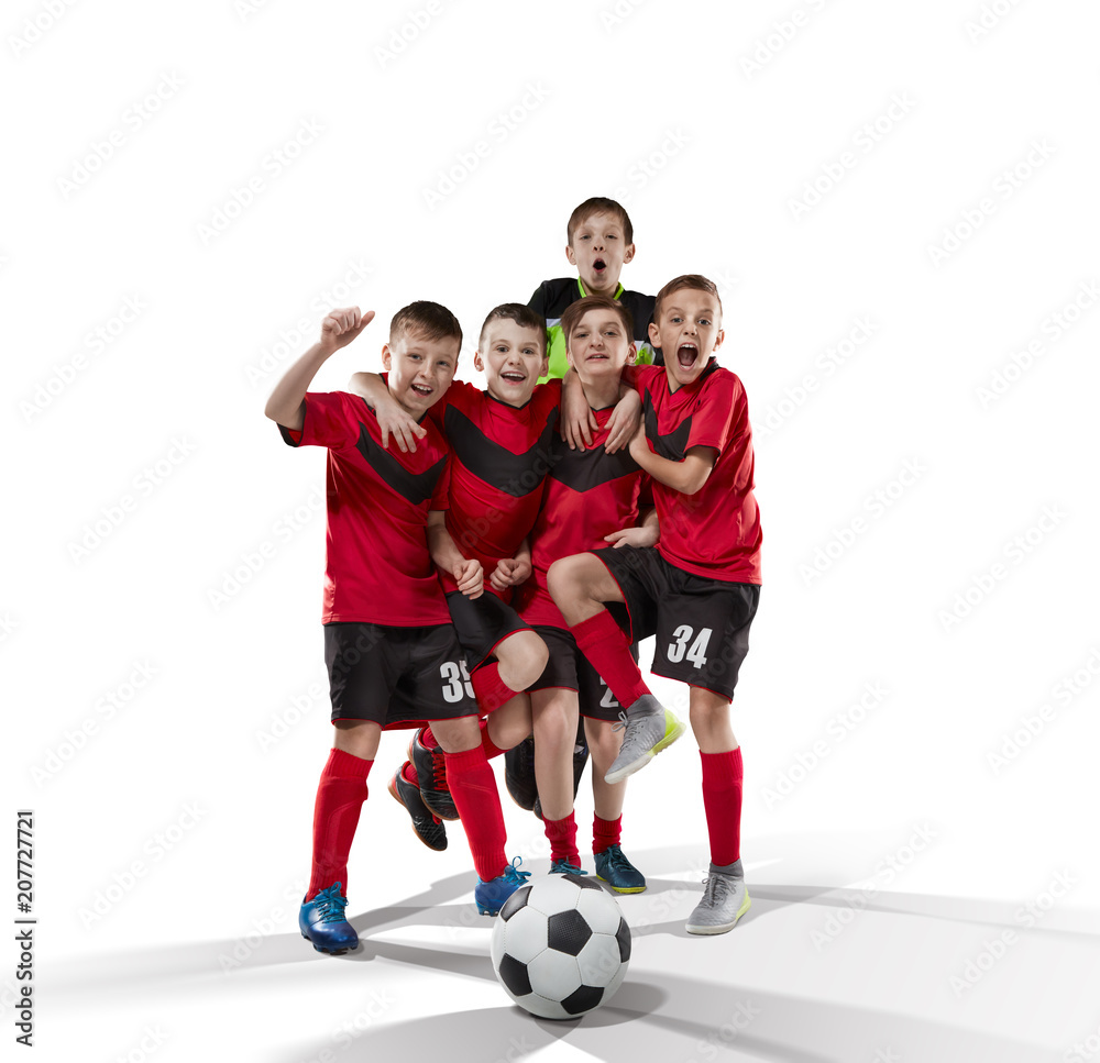 Fototapeta premium five teenage soccer players celebrating victory isolated on white