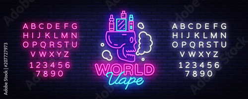 Logo electronic cigarette in neon style. Vape Shop Neon Sign, World Vape Concept with Skull, Emblem, Bright Night Signboard, Neon Advertising Electronic Cigarettes. Vector. Editing text neon sign