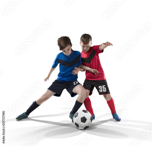 two teenage fotball players struggling for the ball isolated on white © 27mistral