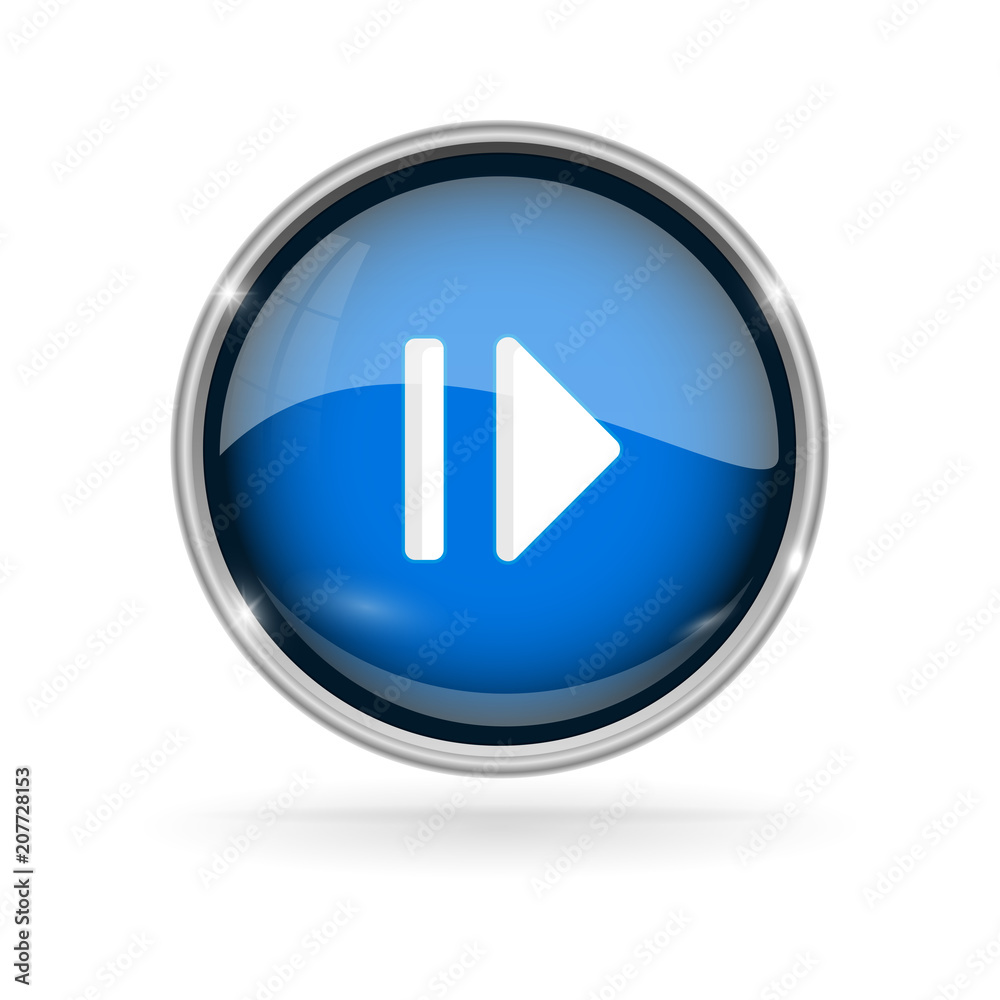 Blue glass button with chrome frame. Play and Pause 3d sign Blue glass button with chrome frame. Play and Pause 3d sign