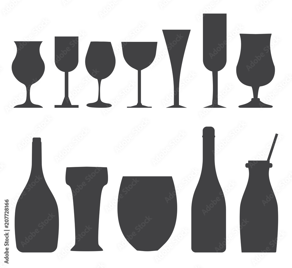 Alcohol bottles and glasses silhouettes. Celebration goblets, cocktails and alco drinks icons in monochrome. Alcohol bottles and glasses silhouettes. Celebration goblets, cocktails and alco drinks icons in monochrome.