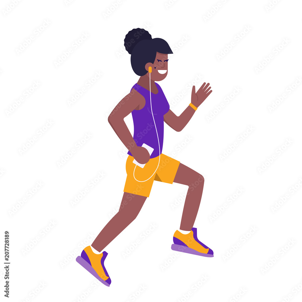 Running young african female with player. Healthy sport lifestyle. Beautiful smiling jogger women, girl on morning or evening fitness cardio workout. Active sport friendly character with earphones.