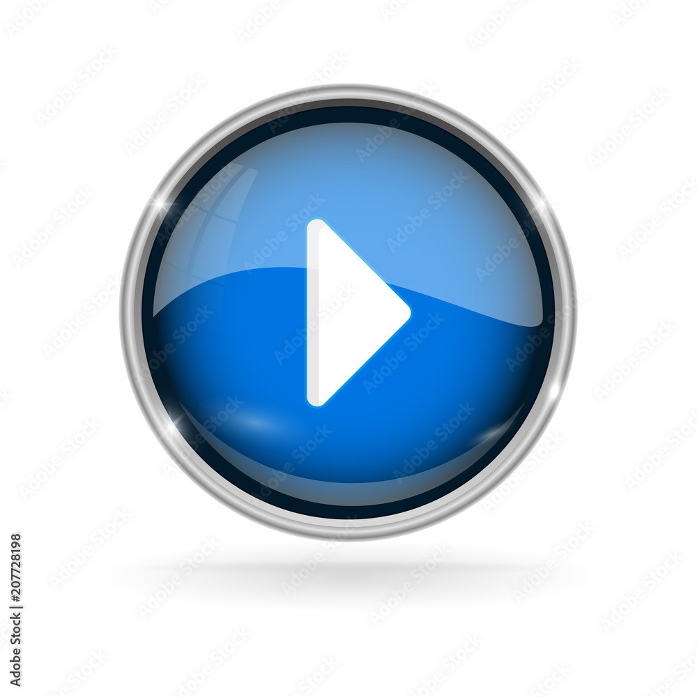 Blue glass button with chrome frame. Play 3d sign Blue glass button with chrome frame. Play 3d sign
