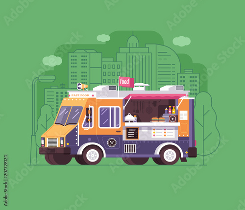 City street food wagon in flat design. Barbecue and fast food caravan or truck on summer festival in flat design. Van with snacks on wheels. Vintage cartoon parlor.