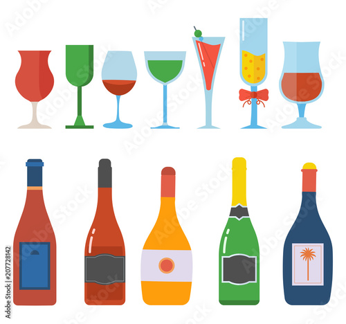 Alcohol bottles and glasses full of liquid. Celebration goblets, cocktails and alco drinks in flat design. Red wine bottle and glass set.
