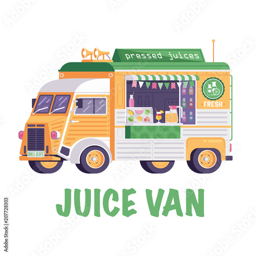 City street food vegan van in flat design. Pressed juice truck. Summer auto juice bar kiosk in flat design. Festival car with vegetarian food on wheels. Vintage cartoon minivan with fruit drinks.
