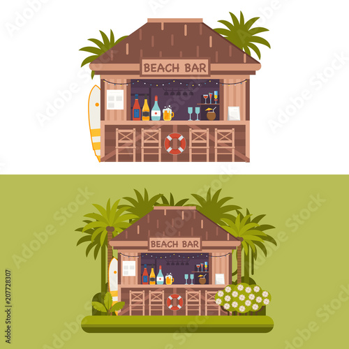 Exotic beach bar. Summer restaurant on sea coast selling fruit shakes, alcohol drinks and cocktails. Beach party scene with tropical tiki bar in bungalow.