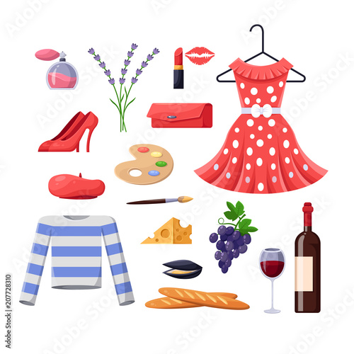 Travel to France design elements. Paris fashion and food illustration. Vector cartoon isolated icons set