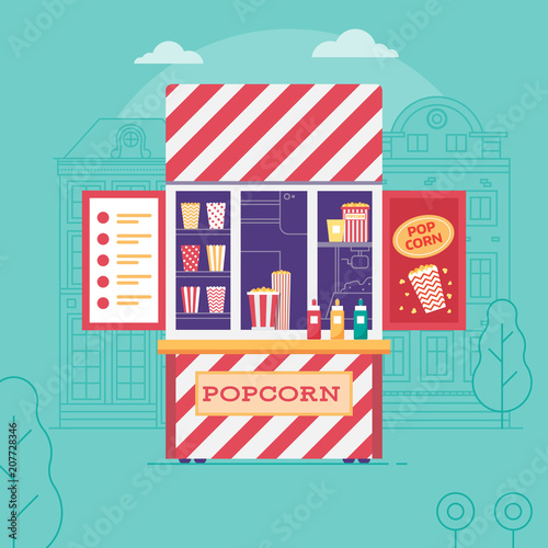 Retro vending popcorn kiosk in flat design. City street food stall for pop corn selling. Summer kitchen parlor on city food festival.