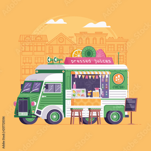 City street food vegan van in flat design. Pressed juice truck. Summer auto juice bar kiosk in flat design. Festival car with vegetarian food on wheels. Vintage cartoon minivan with fruit drinks.