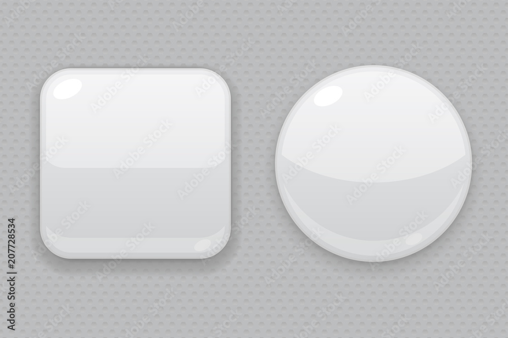 White web buttons on gray background. Square and round 3d icons