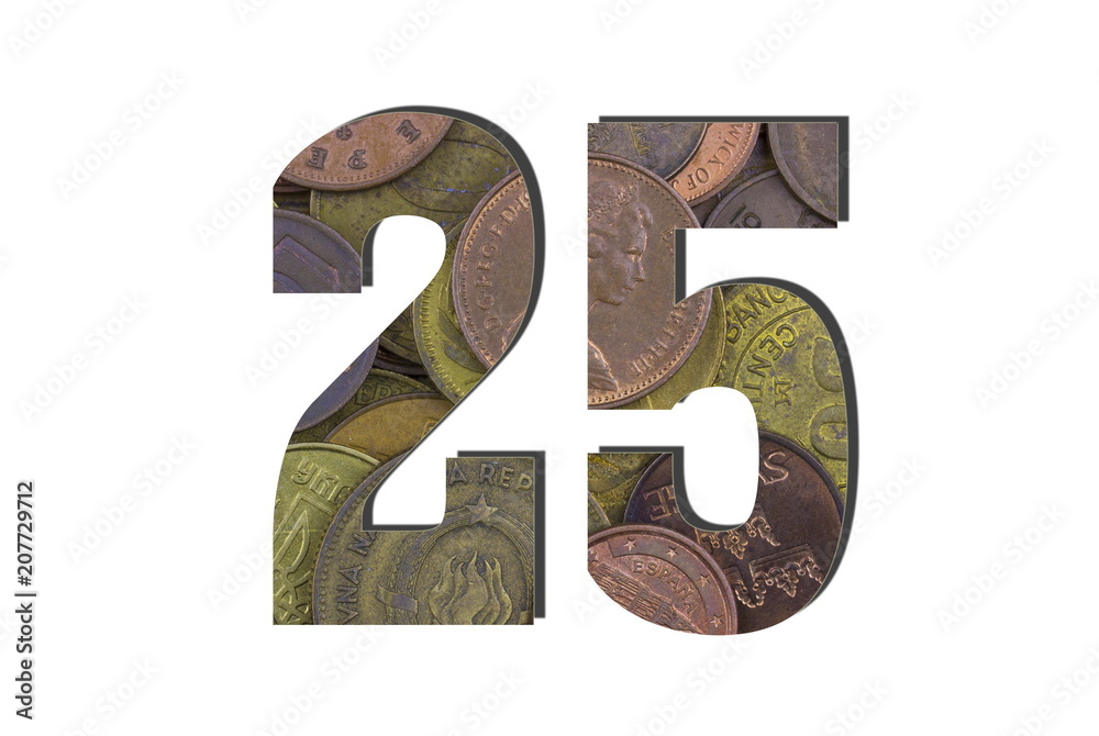 25 Number. Different worlds coins texture. Percent and Discount theme. White isolated 25 Number. Different worlds coins texture. Percent and Discount theme. White isolated