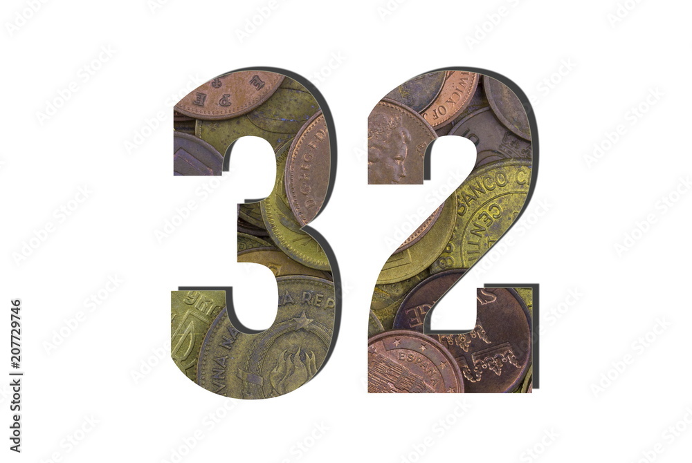 32 Number. Different worlds coins texture. Percent and Discount theme. White isolated 32 Number. Different worlds coins texture. Percent and Discount theme. White isolated