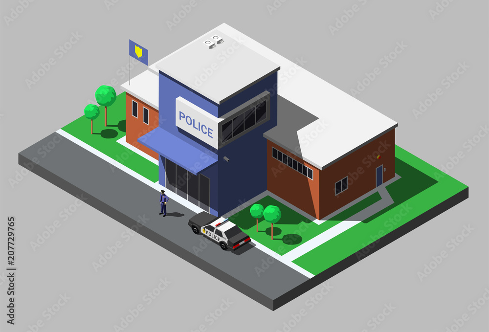 Vector isometric building of police department with policeman and police car Vector isometric building of police department with policeman and police car