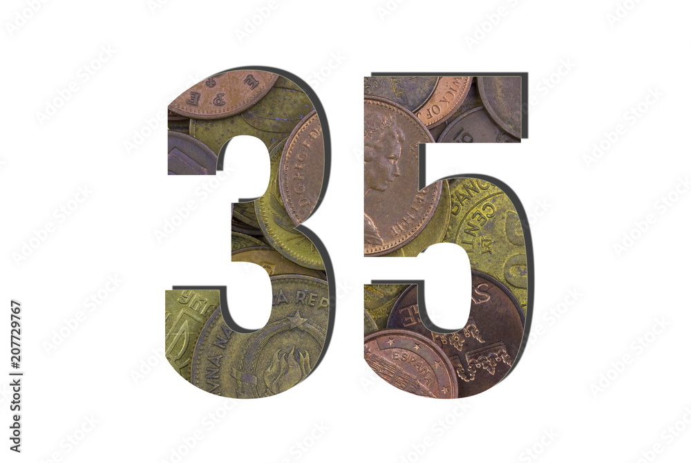 Fototapeta premium 35 Number. Different worlds coins texture. Percent and Discount theme. White isolated